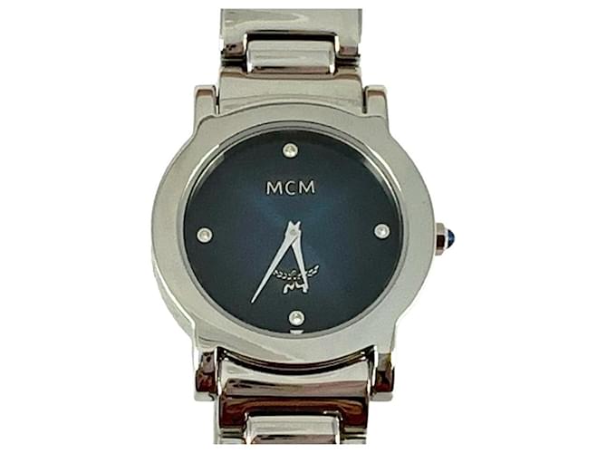 MCM Armbanduhr Watch Armbanduhr Uhr Swiss Made Steel Silber Dunkelblau LogoPrint  ref.1228901