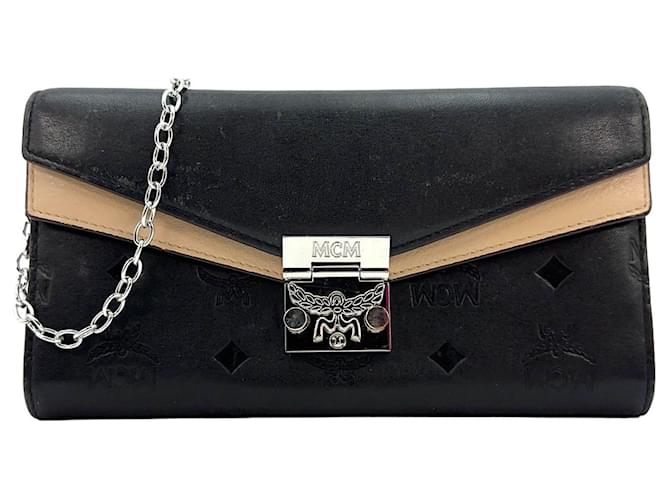MCM Tracy Leather Crossbody Wallet Bag Black Beige Clutch Shoulder Bag Logo  ref.1228908