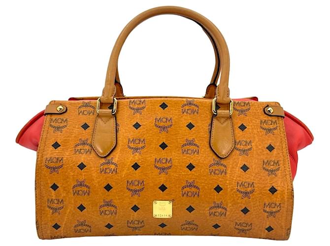 MCM Visetos leather handbag cognac red bag handle bag logo print  ref.1228918