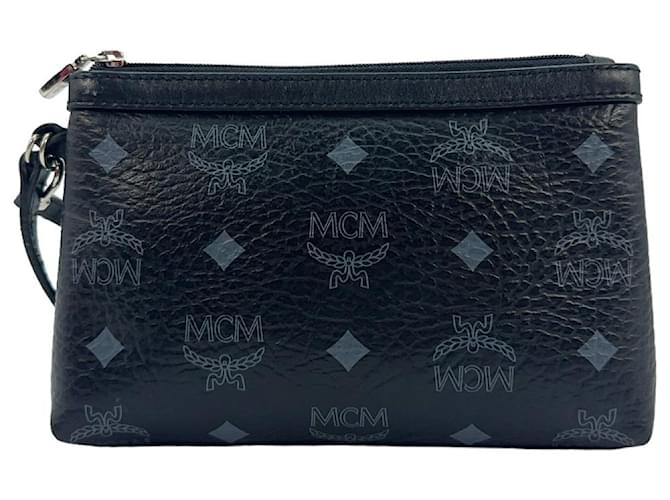 MCM Visetos Etui Pochette mini Bag Neceser pequeño negro plateado Hardware de plata  ref.1228939