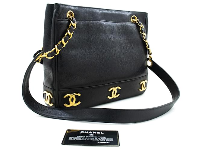 CHANEL Caviar Triple Coco Chain Shoulder Bag Black Leather Gold  ref.1229069