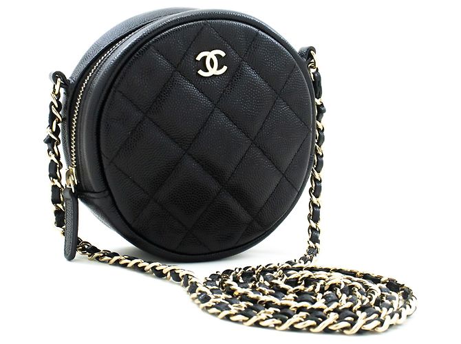 CHANEL Bolsa de Ombro com Corrente Pequena Caviar com Zíper Redondo Preto Acolchoado