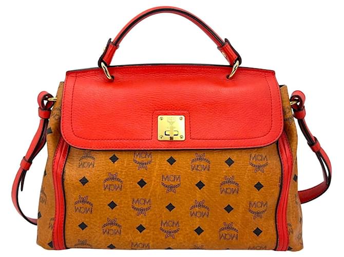 MCM Visetos Leather Crossbody Bag Shoulder Bag Cognac Red Logo Print  ref.1229090