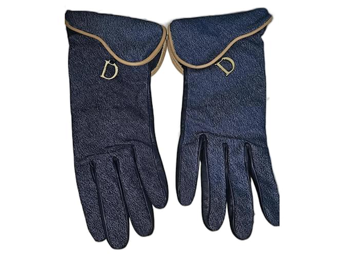 Christian Dior Gloves Navy blue Leather Silk  ref.1229097