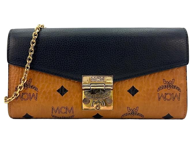 MCM Tracy Crossbody Wallet Bag Cognac Black Clutch Shoulder Bag Logo  ref.1229101