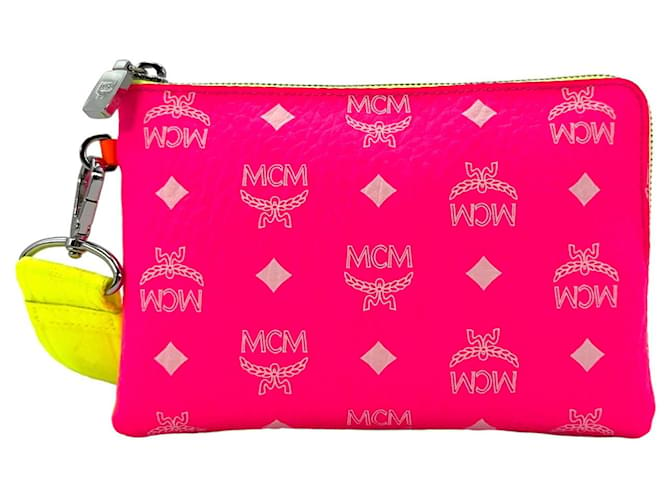 MCM Etui Pochette Cosmetic Bag Neon Pink Orange Bag LogoPrint Pochette Rose Jaune  ref.1229104
