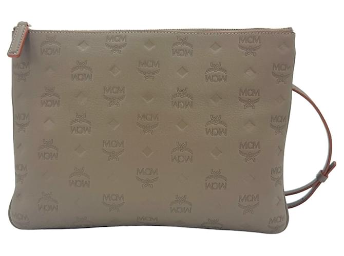 MCM Leather Crossbody Pouch Pochette Taupe Brown LogoPrint Clutch Shoulder Bag  ref.1229109
