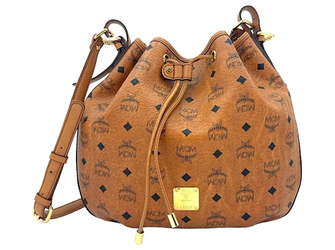 MCM Visetos Leather Drawstring Shoulder Bag Bag Bucket Logo Print Cognac  ref.1229119