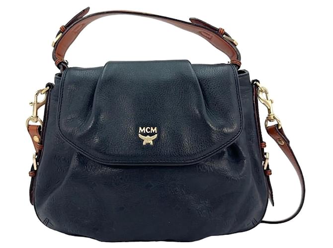 MCM 2Way Leather Bag Shoulder Bag Black Brown LogoPrint Bag Handbag  ref.1229122