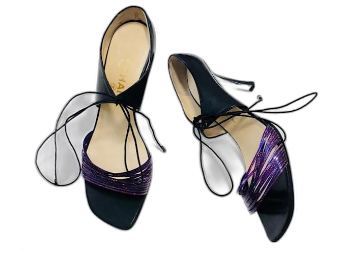 Chanel Mary Jane Strappy Heels Black Purple Leather Plastic  ref.1229138