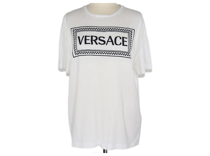 Versace T-shirt bianca con logo ricamato Rosso Cotone  ref.1229146