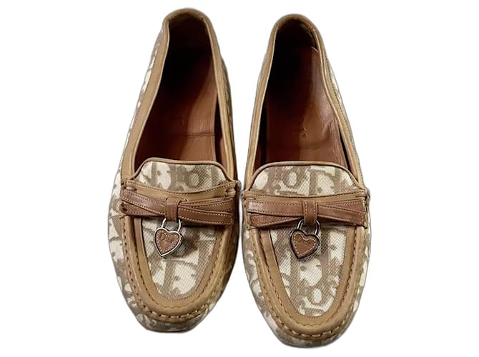 Dior monogram loafers 37.5 Beige Camel Leather Cloth  ref.1229395