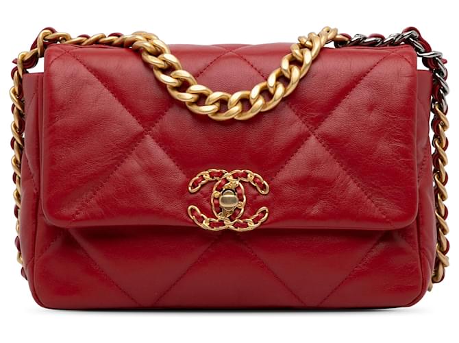 Chanel Pelle di agnello rossa media 19 borsa con patta Rosso  ref.1229408