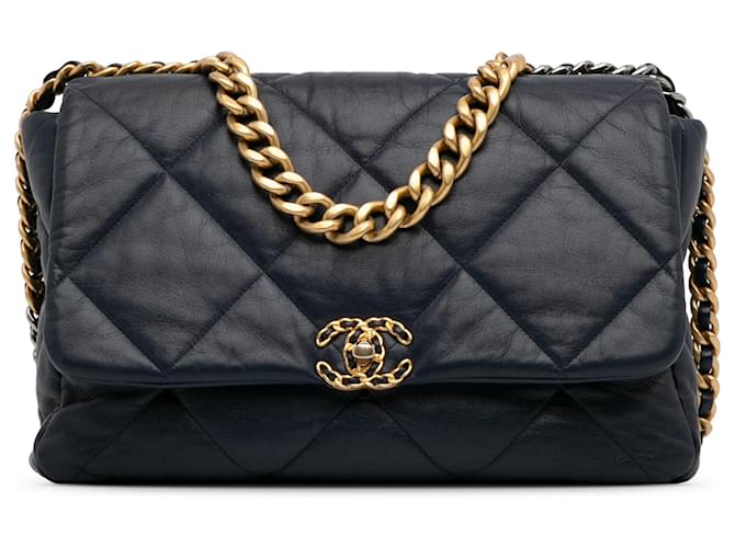 Chanel Azul Grande 19 saco de aba Azul escuro Couro  ref.1229439