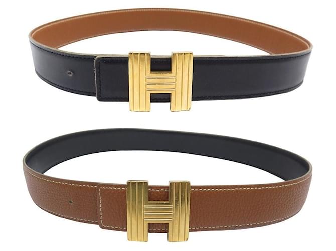 Hermès VINTAGE CEINTURE HERMES REVERSIBLE 32 MM BOUCLE H CUIR BOX TOGO GOLD BELT  ref.1229493