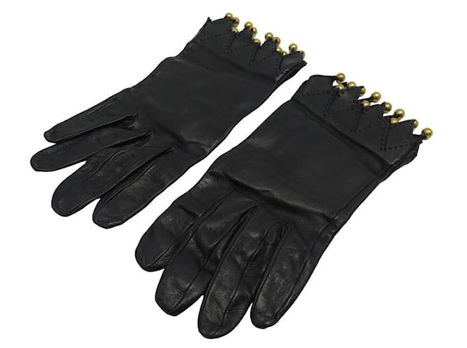 Hermès NUEVOS GUANTES HERMES CON CHARMS DE PERLAS DORADAS PIEL NEGRO 7.5 guantes de cuero negro  ref.1229515