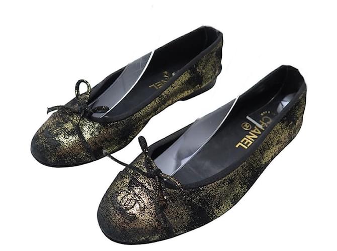 CHANEL LOGO CC G BALLERINAS SHOES02819 37.5 BLACK AND GOLD CANVAS SHOES Cloth  ref.1229564