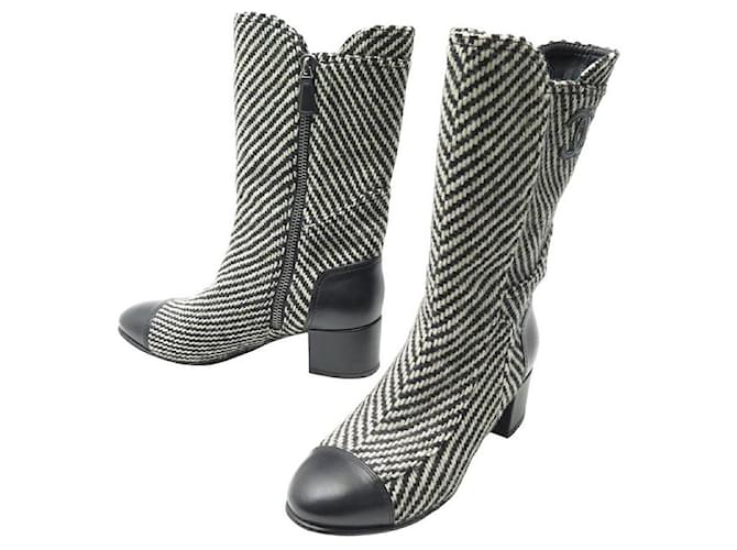 CHAUSSURES CHANEL BOTTES G31207 36.5 TWEED CUIR NOIR LOGO HIGH BOOTS SHOES  ref.1229586