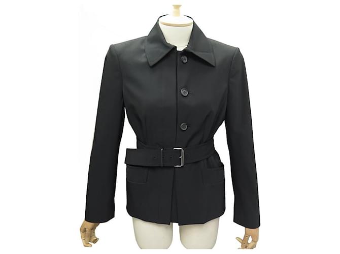 PRADA SHORT BELTED JACKET 42 Item 40 FR M BLACK JACKET COAT JACKET Polyester  ref.1229643