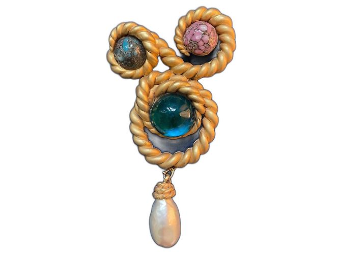 Autre Marque Broche tortora con cabochon e perle Bianco Gold hardware