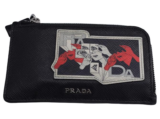 Portafoglio porta carte con cerniera stampato Prada James Jean in pelle Saffiano nera Nero  ref.1231117