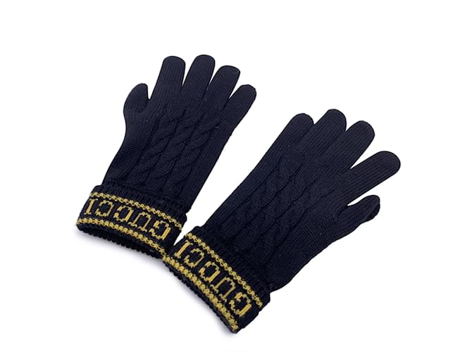 Gucci Black Wool and Leather Unisex Logo Knit Gloves Size M  ref.1231149