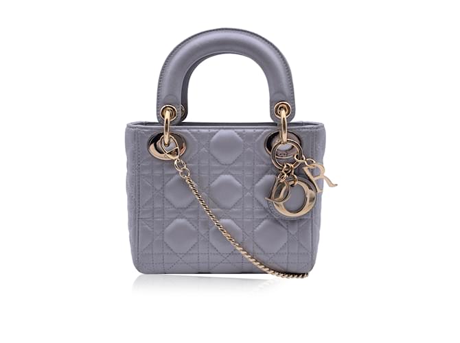 Christian Dior Mini bolsa Lady Dior acolchoada de couro cinza Cannage  ref.1231154