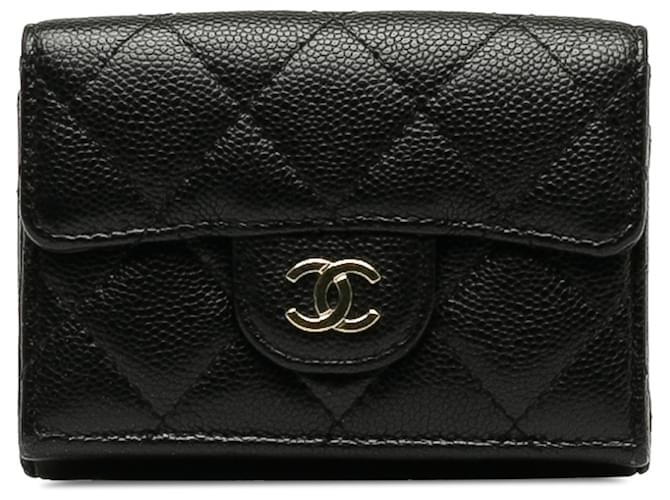 Chanel Black CC Caviar Trifold Wallet Schwarz Leder  ref.1231182