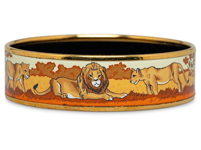 Hermès Hermes Gold Lions Breiter Emaille-Armreif Golden Metall  ref.1231239