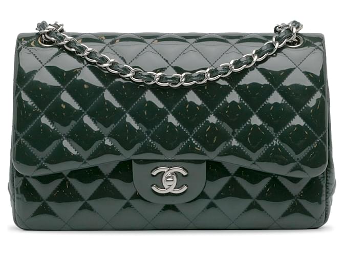 Chanel Green Jumbo Classic Patent Double Flap Dark green Leather Patent leather  ref.1231244
