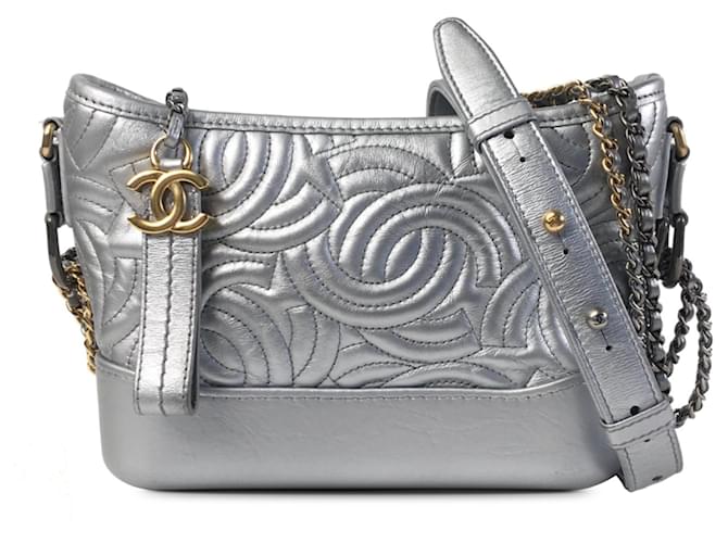 Chanel Silver Small CC Stitched Calfskin Gabrielle Crossbody Bag Silvery Leather Pony-style calfskin  ref.1231255