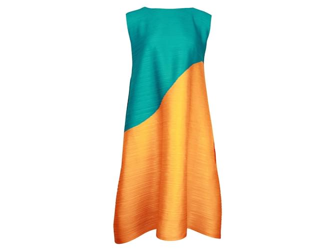 Pleats Please Tunique plissée turquoise et orange/Robe Polyester  ref.1231278