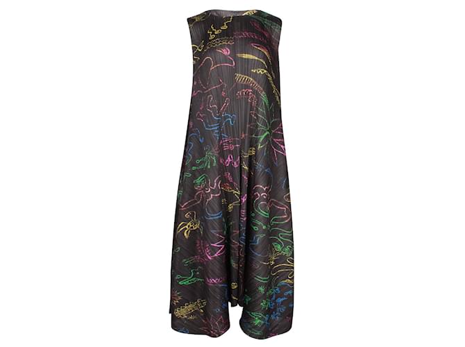 Pleats Please Black/ Colorful Print Pleated Dress Polyester  ref.1231281