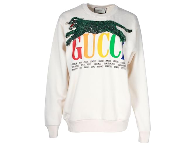 Gucci Cremefarbenes „Cities“-Sweatshirt mit Pailletten-Panther Mehrfarben Baumwolle  ref.1231336