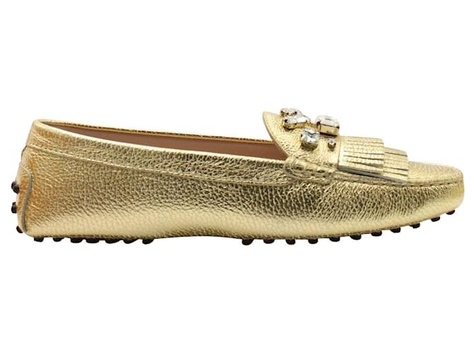 Tod's Gold Leather Driving Loafers with Crystal Embellishment Golden Metallic  ref.1231349