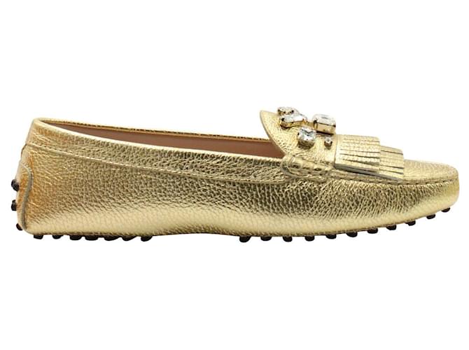 Tod's Mocassins de couro dourado com enfeite de cristal Metálico  ref.1231349