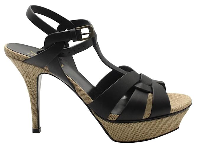 Yves Saint Laurent Black/Cream Leather And Raffia Tribute Heels  ref.1231386