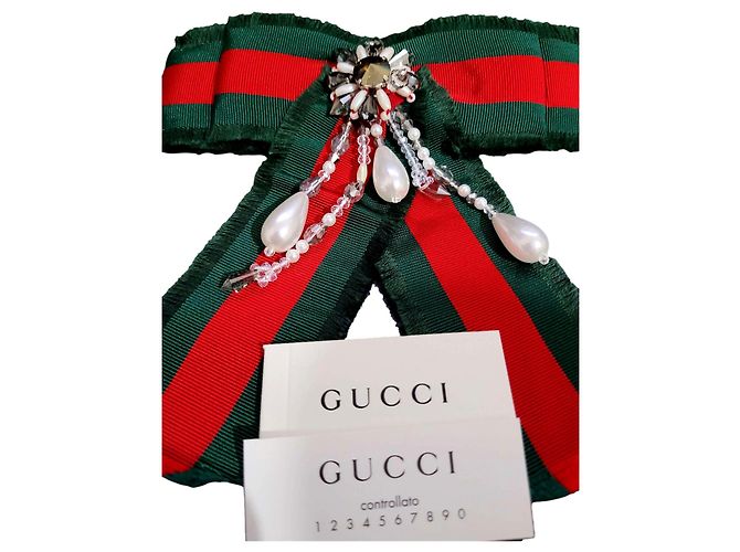 Marmont Broche Gucci Vermelho e Verde de Aço e Tecido