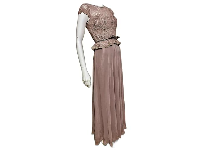 Jenny Packham Dunkelrosa Abendkleid aus Spitze, Chiffon und Satin Pink Polyester  ref.1232047