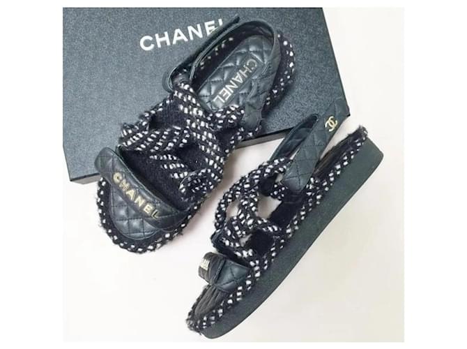 CHANEL Cord Lambskin Quilted Logo Sandals Black Leather  ref.1232085