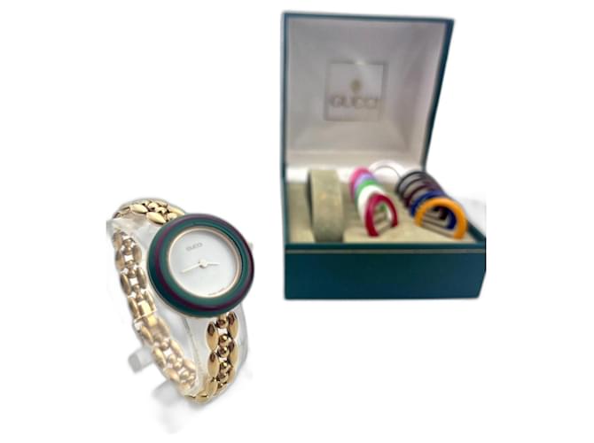 modèle Gucci 11 / 12.2 montre-bracelet à lunette interchangeable, Plaqué or Doré  ref.1232174