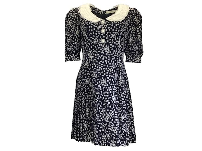 Alessandra Rich Navy Blue / White Lace Trimmed Pearl Buttoned Floral Printed Silk Mini Dress  ref.1232350