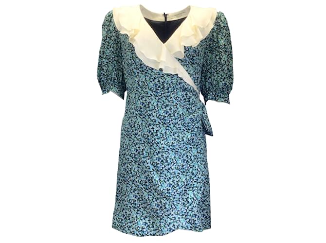 Alessandra Rich Navy Blue Multi Floral Printed Silk Mini Dress  ref.1232355