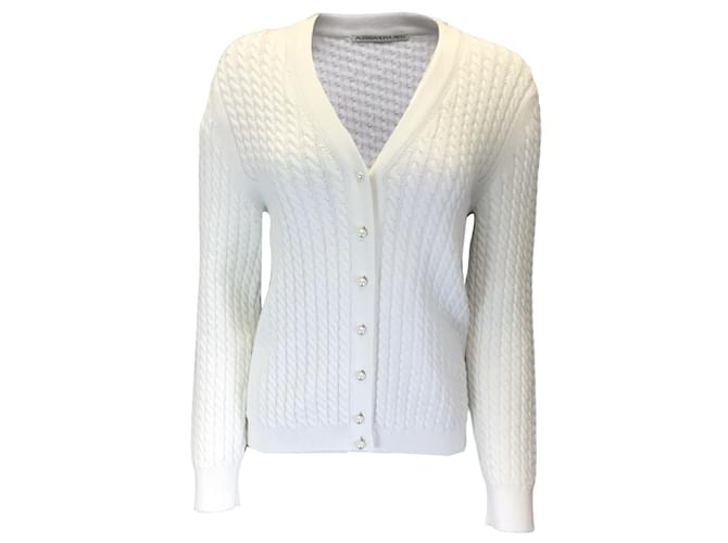 Alessandra Rich White Pearl Buttoned Cable Knit Cardigan Sweater Cotton  ref.1232361
