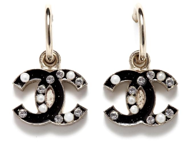 Chanel CC on hoops diamonds and pearls black gold Golden Metal  ref.1232436
