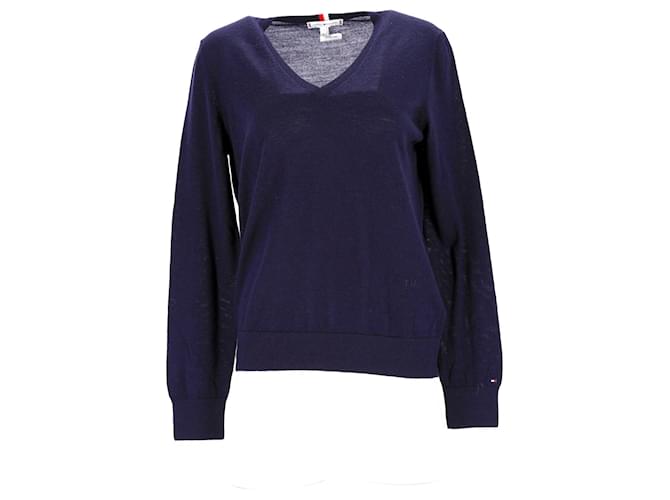 Tommy Hilfiger Essential Damen-Wollpullover mit V-Ausschnitt aus marineblauer Wolle  ref.1232504