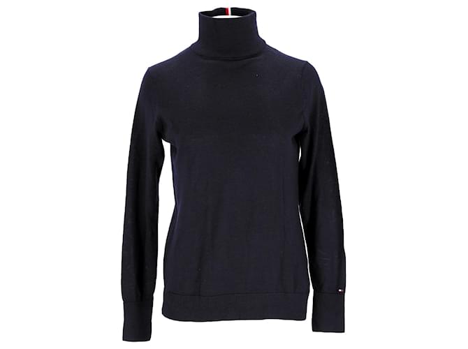 Tommy Hilfiger Womens Roll Neck Signature Tape Jumper in Navy Blue Wool  ref.1232507