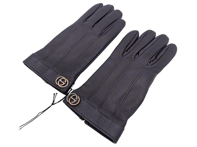 Gucci Brown Leather Unisex GG Logo Gloves Cahsmere Lining Size 9 l  ref.1232573