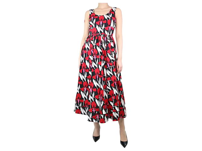 Prada Vestido midi vermelho sem mangas com estampa floral - tamanho UK 8 Algodão  ref.1232782
