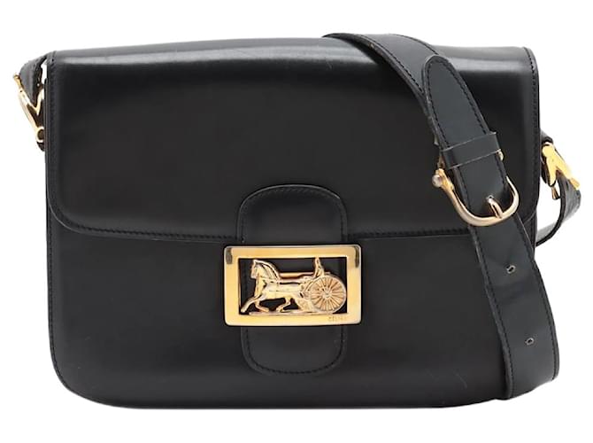 Céline Blue flap horse buckle bag Black Leather  ref.1232799